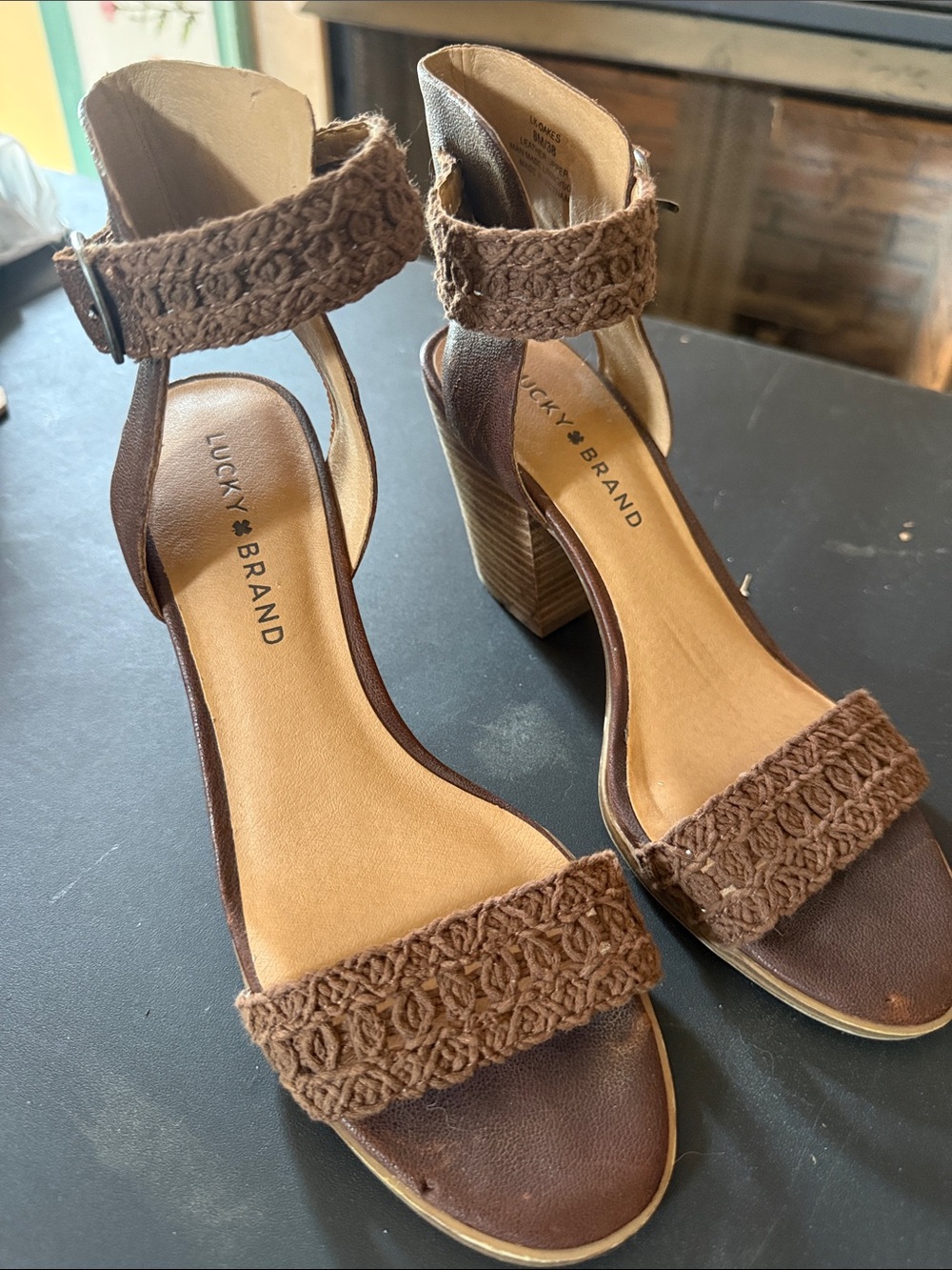 Lucky Brand Brown Braided Ankle Strap Block Heels
